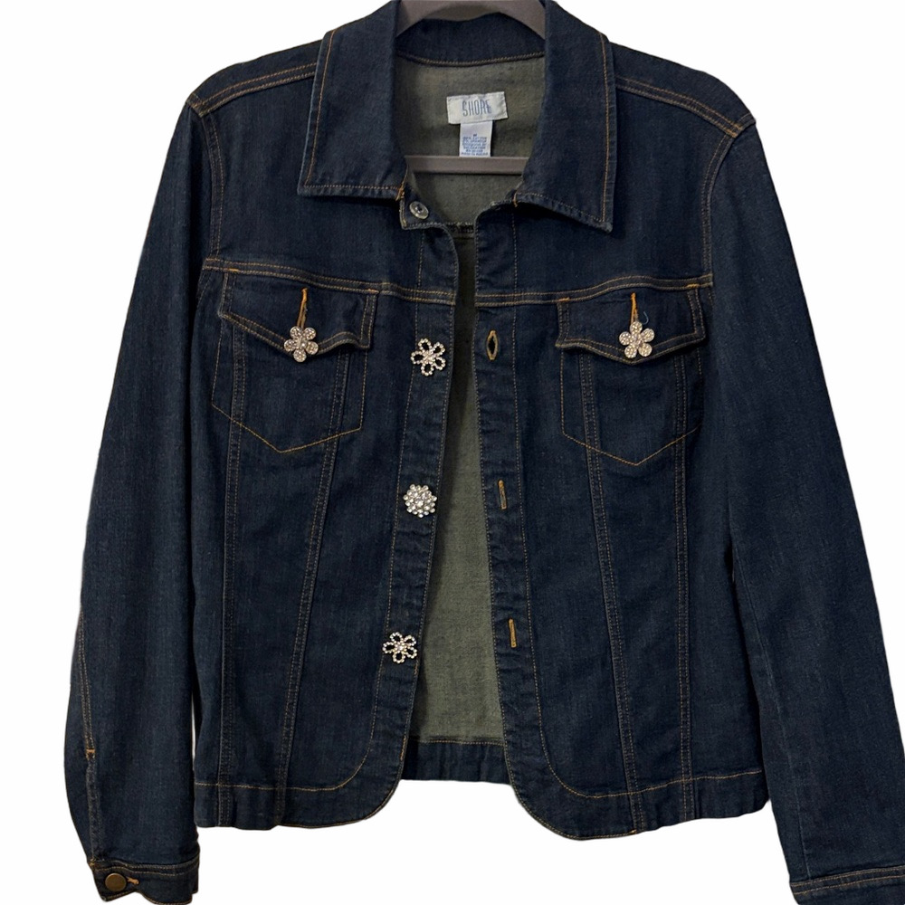 Siena Dark Blue Denim Jacket with Floral Crystal Buttons